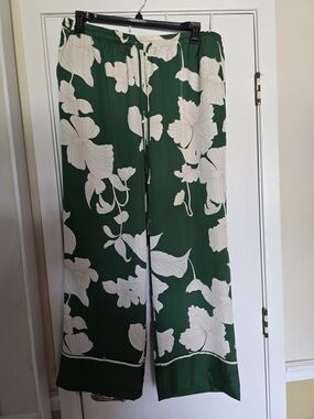 H&M Green Wide-Leg Floral Drawstring Pants